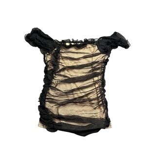 Boston Proper Women Small Black Ruched Mesh Top Fairy Whimsigoth Lace Ruched Y2K